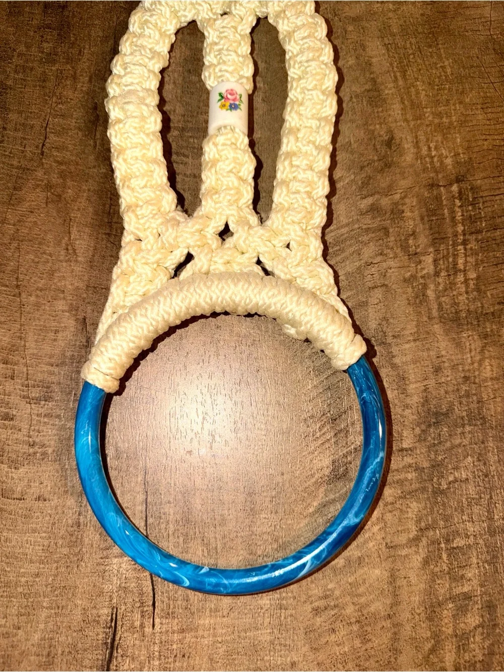 Vintage Macrame Towel Holder Blue Lucite Ring Floral Bead